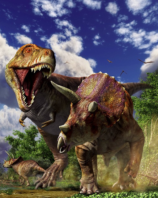 ①復元画「ティラノサウルスVSトリケラトプス」